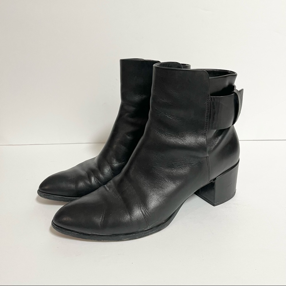 Alexander Wang Leather Ankle Boot Bootie Pointed Toe Block Heel Black Sleek 39